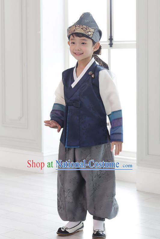 Asian Korean National Traditional Handmade Formal Occasions Boys Embroidery Dark Blue Vest Hanbok Costume Complete Set for Kids