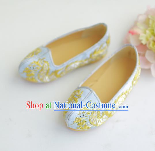 Traditional Korean National Wedding Shoes Light Blue Embroidered Shoes, Asian Korean Hanbok Flat Shoes for Kids