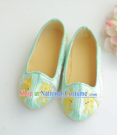 Traditional Korean National Wedding Shoes Blue Embroidered Shoes, Asian Korean Hanbok Flat Shoes for Kids