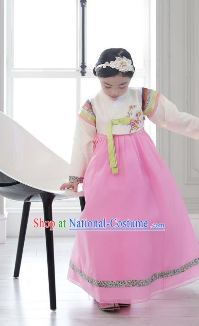 Asian Korean National Handmade Formal Occasions Wedding Girls Clothing Embroidered White Blouse and Pink Dress Palace Hanbok Costume for Kids