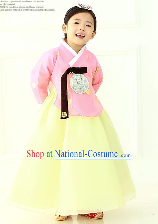 Korean National Handmade Formal Occasions Girls Hanbok Costume Embroidered Pink Blouse and Yellow Dress for Kids