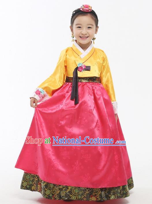 Asian Korean National Handmade Formal Occasions Wedding Girls Clothing Embroidered Yellow Blouse and Pink Dress Palace Hanbok Costume for Kids