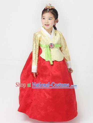 Asian Korean National Handmade Formal Occasions Wedding Girls Clothing Embroidered Yellow Blouse and Red Dress Palace Hanbok Costume for Kids