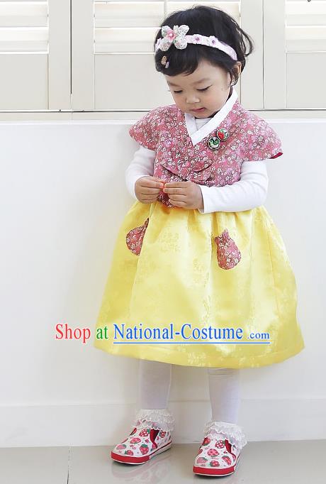 Asian Korean National Handmade Formal Occasions Wedding Girls Clothing Embroidered Pink Blouse and Yellow Dress Palace Hanbok Costume for Kids