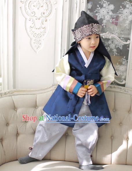 Asian Korean National Traditional Handmade Formal Occasions Boys Embroidery Navy Vest Hanbok Costume Complete Set for Kids