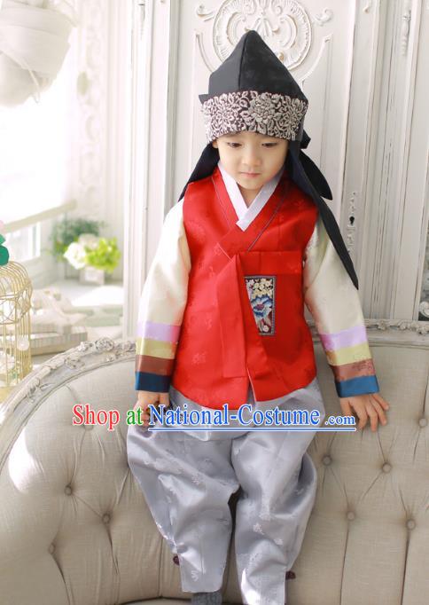 Asian Korean National Traditional Handmade Formal Occasions Boys Embroidery Red Vest Hanbok Costume Complete Set for Kids