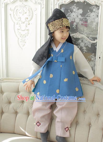 Asian Korean National Traditional Handmade Formal Occasions Boys Embroidery Blue Vest Hanbok Costume Complete Set for Kids