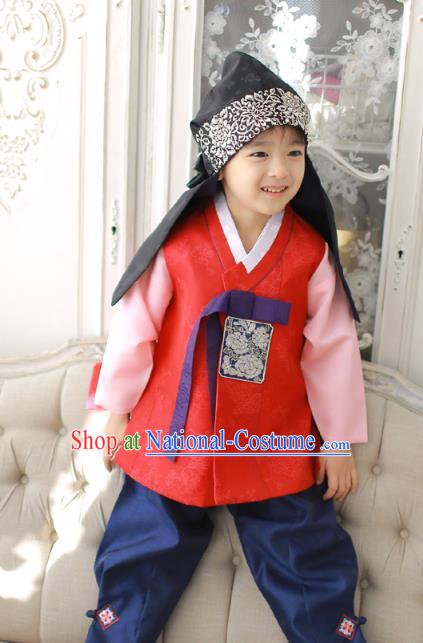 Asian Korean National Traditional Handmade Formal Occasions Boys Embroidery Red Vest Hanbok Costume Complete Set for Kids