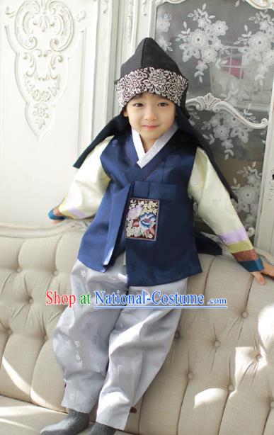 Asian Korean National Traditional Handmade Formal Occasions Boys Embroidery Navy Vest Hanbok Costume Complete Set for Kids