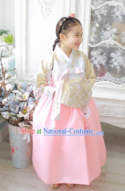 Asian Korean National Handmade Formal Occasions Wedding Girls Clothing Embroidered Beige Blouse and Pink Dress Palace Hanbok Costume for Kids