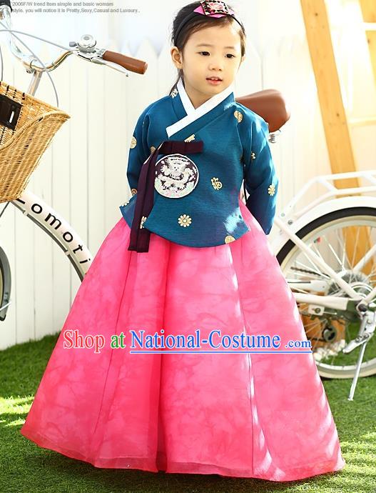 Korean National Handmade Formal Occasions Girls Hanbok Costume Embroidered Blue Blouse and Pink Dress for Kids