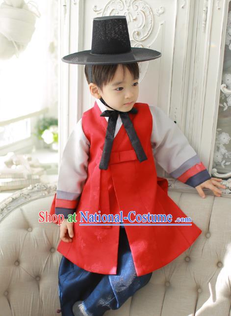 Asian Korean National Traditional Handmade Formal Occasions Boys Embroidery Red Vest Prince Hanbok Costume Complete Set for Kids