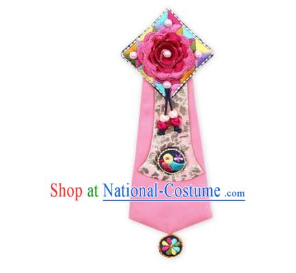 Korean National Hair Accessories Pink Embroidered Hair Ribbon Headband, Asian Korean Hanbok Fashion Bride Headwear for Kids