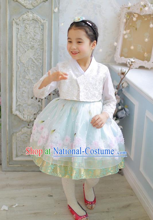 Asian Korean National Handmade Formal Occasions Wedding Girls Clothing Embroidered White Lace Blouse and Blue Dress Palace Hanbok Costume for Kids