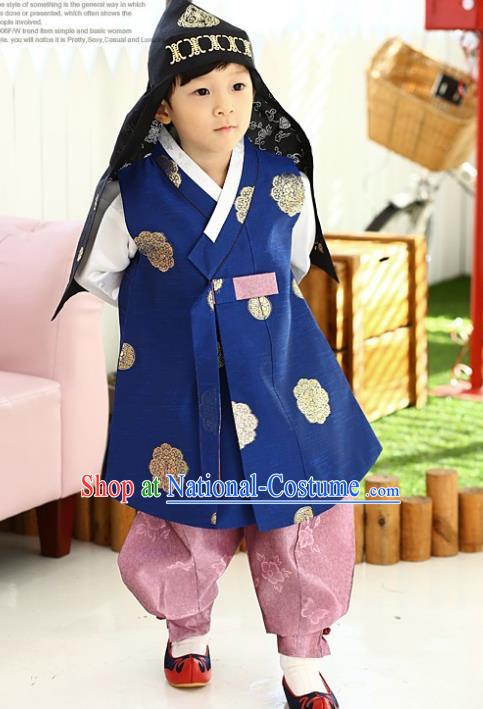 Asian Korean National Traditional Handmade Formal Occasions Boys Embroidery Blue Vest Hanbok Costume Complete Set for Kids