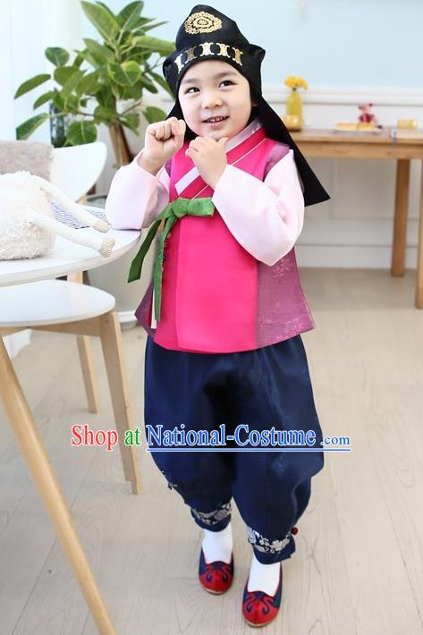 Asian Korean National Traditional Handmade Formal Occasions Boys Embroidery Pink Vest Hanbok Costume Complete Set for Kids