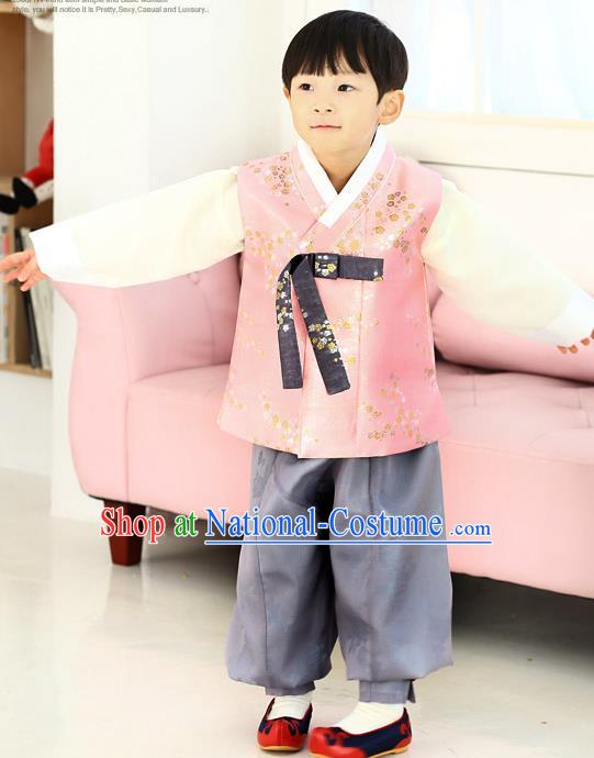 Asian Korean National Traditional Handmade Formal Occasions Boys Embroidery Pink Vest Hanbok Costume Complete Set for Kids