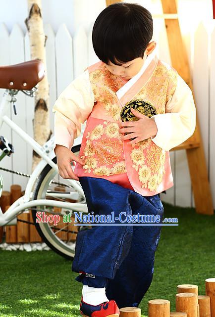 Asian Korean National Traditional Handmade Formal Occasions Boys Embroidery Orange Vest Hanbok Costume Complete Set for Kids