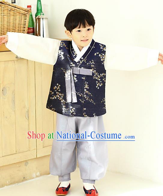 Asian Korean National Traditional Handmade Formal Occasions Boys Embroidery Navy Vest Hanbok Costume Complete Set for Kids