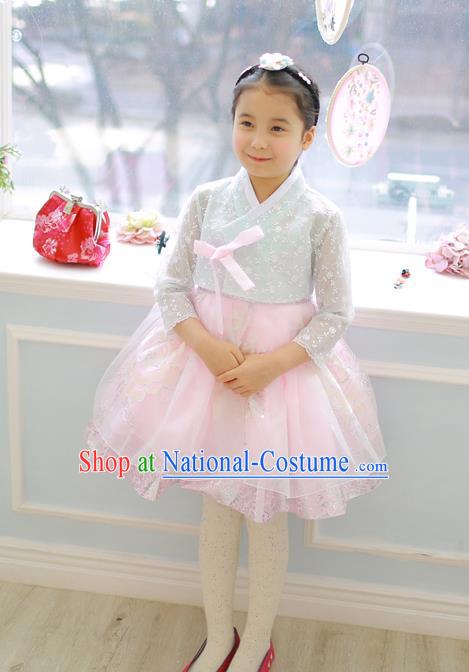 Asian Korean National Handmade Formal Occasions Wedding Girls Clothing Embroidered White Lace Blouse and Pink Dress Palace Hanbok Costume for Kids