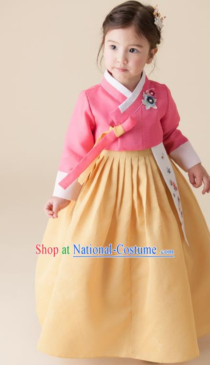 Asian Korean National Handmade Formal Occasions Wedding Girls Clothing Embroidered Pink Blouse and Yellow Dress Palace Hanbok Costume for Kids