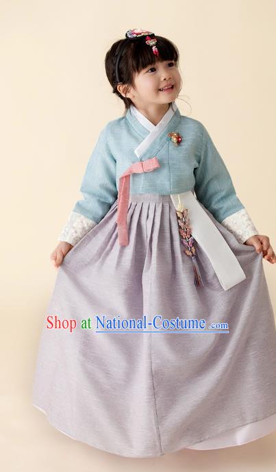 Asian Korean National Handmade Formal Occasions Wedding Girls Clothing Embroidered Blue Blouse and Grey Dress Palace Hanbok Costume for Kids