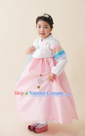 Asian Korean National Handmade Formal Occasions Wedding Girls Clothing Embroidered White Blouse and Pink Dress Palace Hanbok Costume for Kids