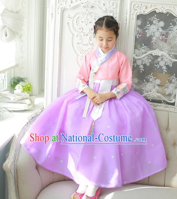 Asian Korean National Handmade Formal Occasions Wedding Girls Clothing Embroidered Pink Blouse and Purple Dress Palace Hanbok Costume for Kids