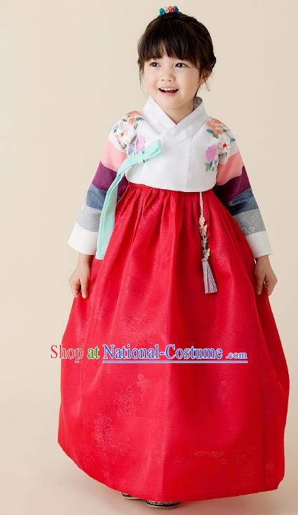 Asian Korean National Handmade Formal Occasions Wedding Girls Clothing Embroidered White Blouse and Red Dress Palace Hanbok Costume for Kids