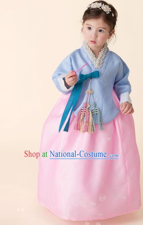 Asian Korean National Handmade Formal Occasions Wedding Girls Clothing Embroidered Blue Blouse and Pink Dress Palace Hanbok Costume for Kids