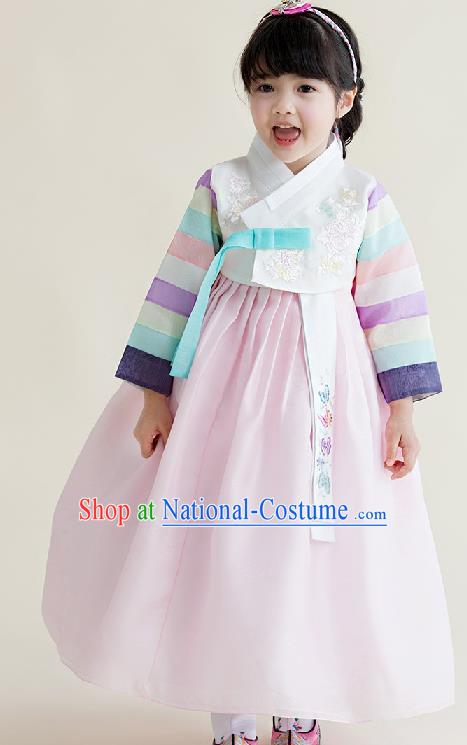 Asian Korean National Handmade Formal Occasions Wedding Girls Clothing Embroidered White Blouse and Pink Dress Palace Hanbok Costume for Kids