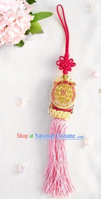 Asian Korean Hanbok Pink Tassel Chinese Knot Waist Decorations, Korean National Belts Accessories Wedding Bride Waist Pendant for Women