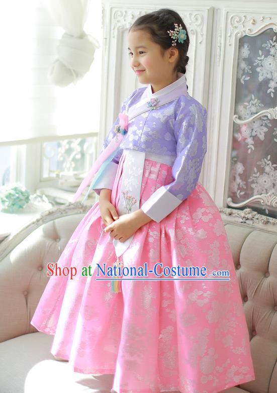 Asian Korean National Handmade Formal Occasions Wedding Girls Clothing Embroidered Purple Blouse and Pink Dress Palace Hanbok Costume for Kids