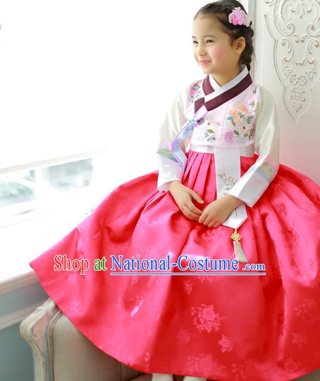 Asian Korean National Handmade Formal Occasions Wedding Girls Clothing Embroidered White Blouse and Red Dress Palace Hanbok Costume for Kids