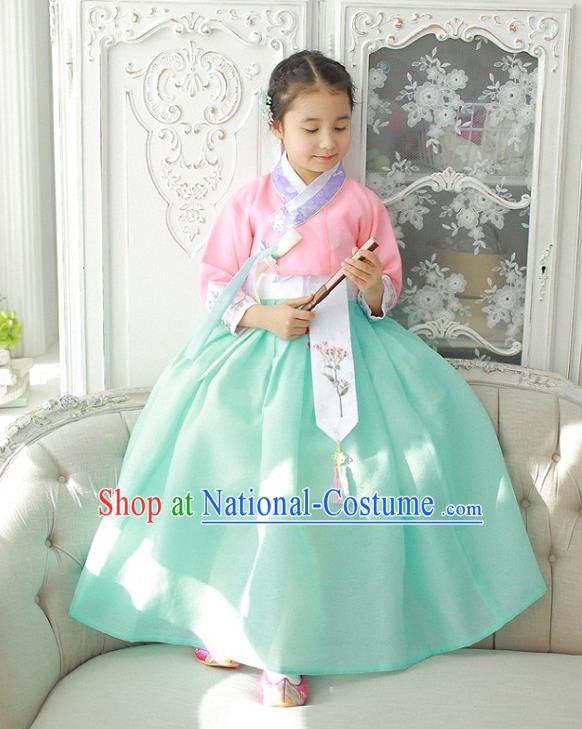 Asian Korean National Handmade Formal Occasions Wedding Girls Clothing Embroidered Pink Blouse and Green Dress Palace Hanbok Costume for Kids