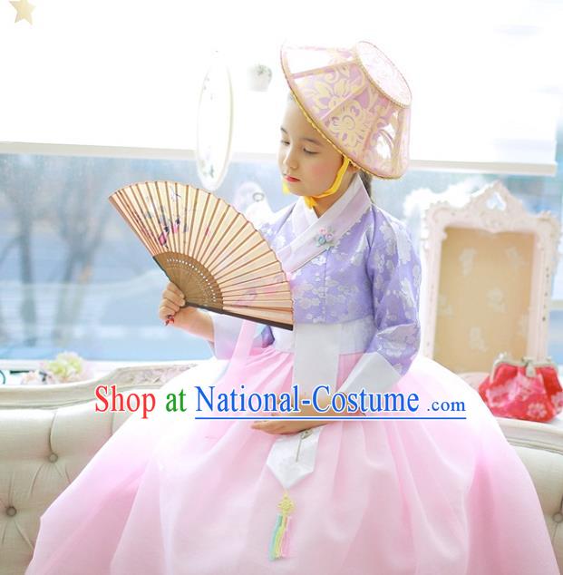 Asian Korean National Handmade Formal Occasions Wedding Girls Clothing Embroidered Purple Blouse and Pink Dress Palace Hanbok Costume for Kids