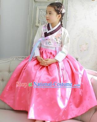 Asian Korean National Handmade Formal Occasions Wedding Girls Clothing Embroidered Pink Blouse and Dress Palace Hanbok Costume for Kids