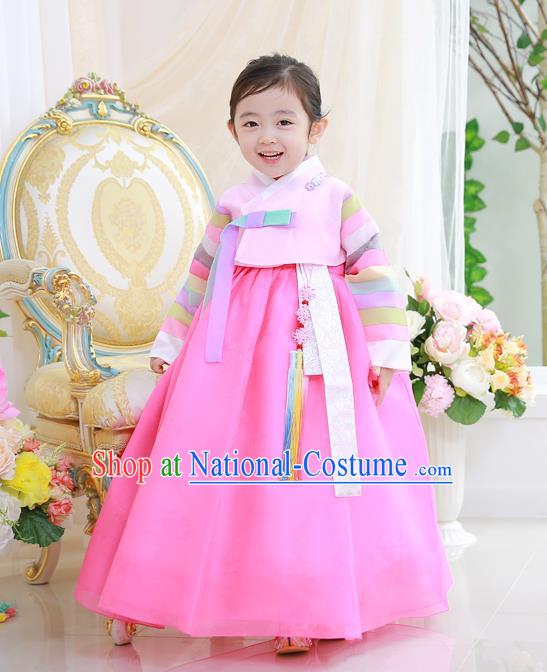 Asian Korean National Handmade Formal Occasions Wedding Girls Clothing Embroidered Blouse and Pink Dress Palace Hanbok Costume for Kids