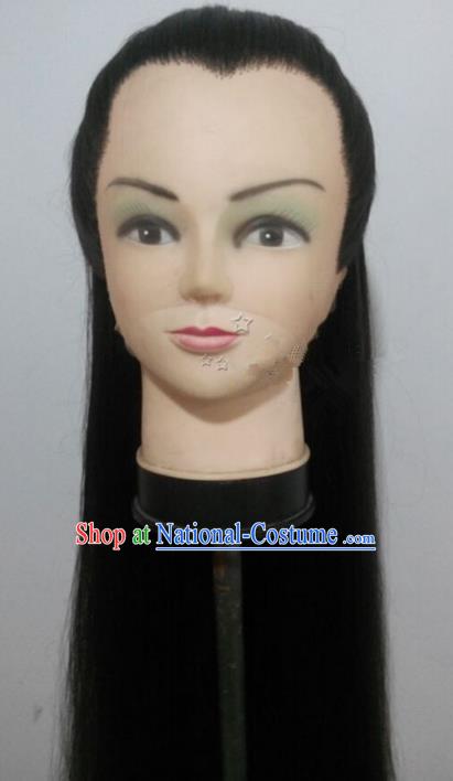 Chinese Ancient Opera Swordsman Black Wig, Traditional Chinese Beijing Opera Young Men Wig Sheath