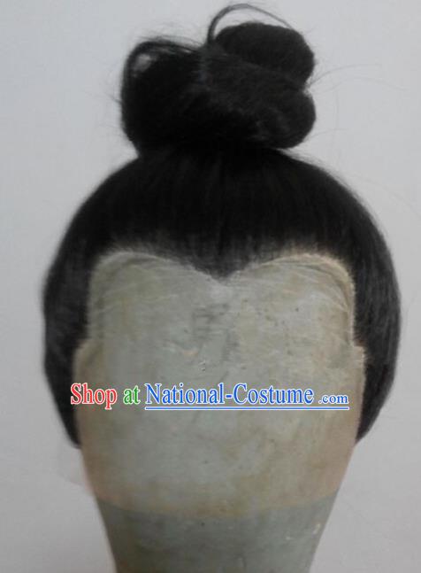 Chinese Ancient Opera Swordsman Young Men Chignon Wig, Traditional Chinese Beijing Opera Kawaler Taoist Priest Wig Sheath for Men