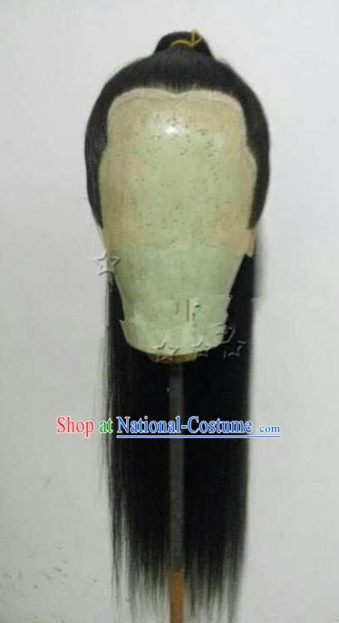 Chinese Ancient Opera Swordsman Taoist Priest Black Wig, Traditional Chinese Tang Dynasty Kawaler Wig Sheath for Men