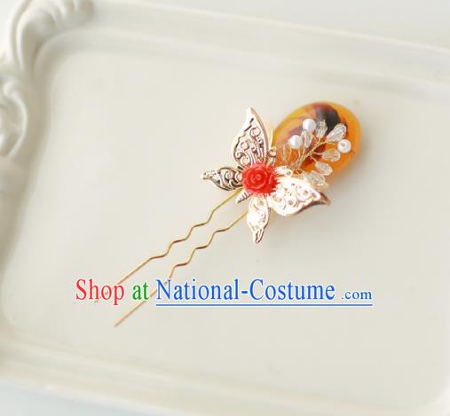 Korean National Hair Accessories Butterfly Brown Hairpins, Asian Korean Hanbok Fashion Bride Wedding Hair Stick Headwear for Women