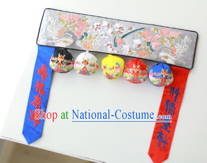 Traditional Korean Accessories Embroidered Birds Flowers Grey Waist Belts, Asian Korean Fashion Waistband Decorations for Kids