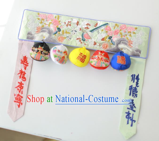 Traditional Korean Accessories Embroidered Birds Flowers Green Waist Belts, Asian Korean Fashion Waistband Decorations for Kids