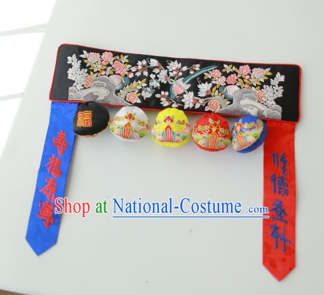 Traditional Korean Accessories Embroidered Birds Flowers Black Waist Belts, Asian Korean Fashion Waistband Decorations for Kids