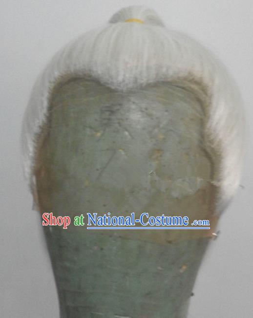 Chinese Ancient Opera Swordsman White Chignon Wig, Traditional Chinese Beijing Opera Taoist Priest Wig Sheath for Men