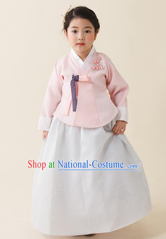 Asian Korean National Handmade Formal Occasions Wedding Girls Clothing Palace Hanbok Costume Embroidered Pink Blouse and White Dress for Kids