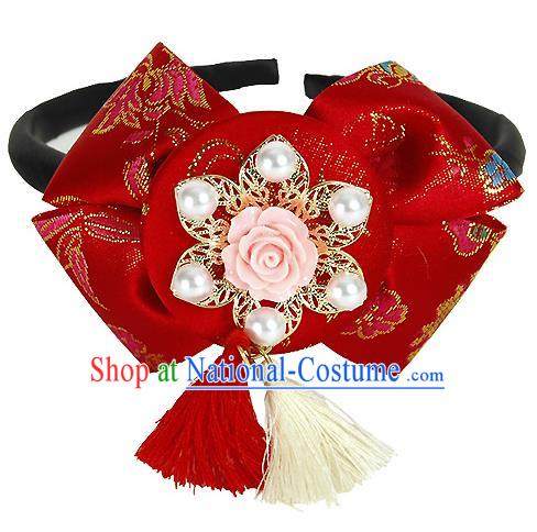 Korean National Hair Accessories Red Bowknot Hair Clasp Headband, Asian Korean Hanbok Fashion Bride Headwear for Kids