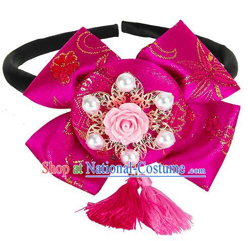 Korean National Hair Accessories Rosy Bowknot Hair Clasp Headband, Asian Korean Hanbok Fashion Bride Headwear for Kids