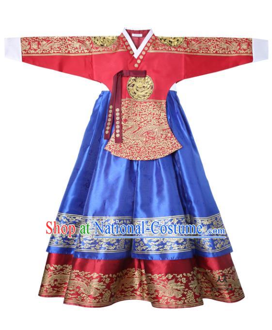 Asian Korean National Handmade Wedding Clothing Palace Bride Hanbok Costume Embroidered Red Blouse and Blue Dress for Women